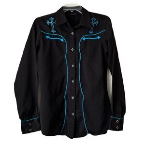 Wrangler Western Snap Shirt, Sz. S, Black w/ Aqua Stitching, Cross Embroidery